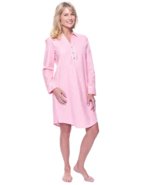 Noble Mount Womens Premium 100% Cotton Flannel Long Sleeve Sleep Shirt - Stripes Pink