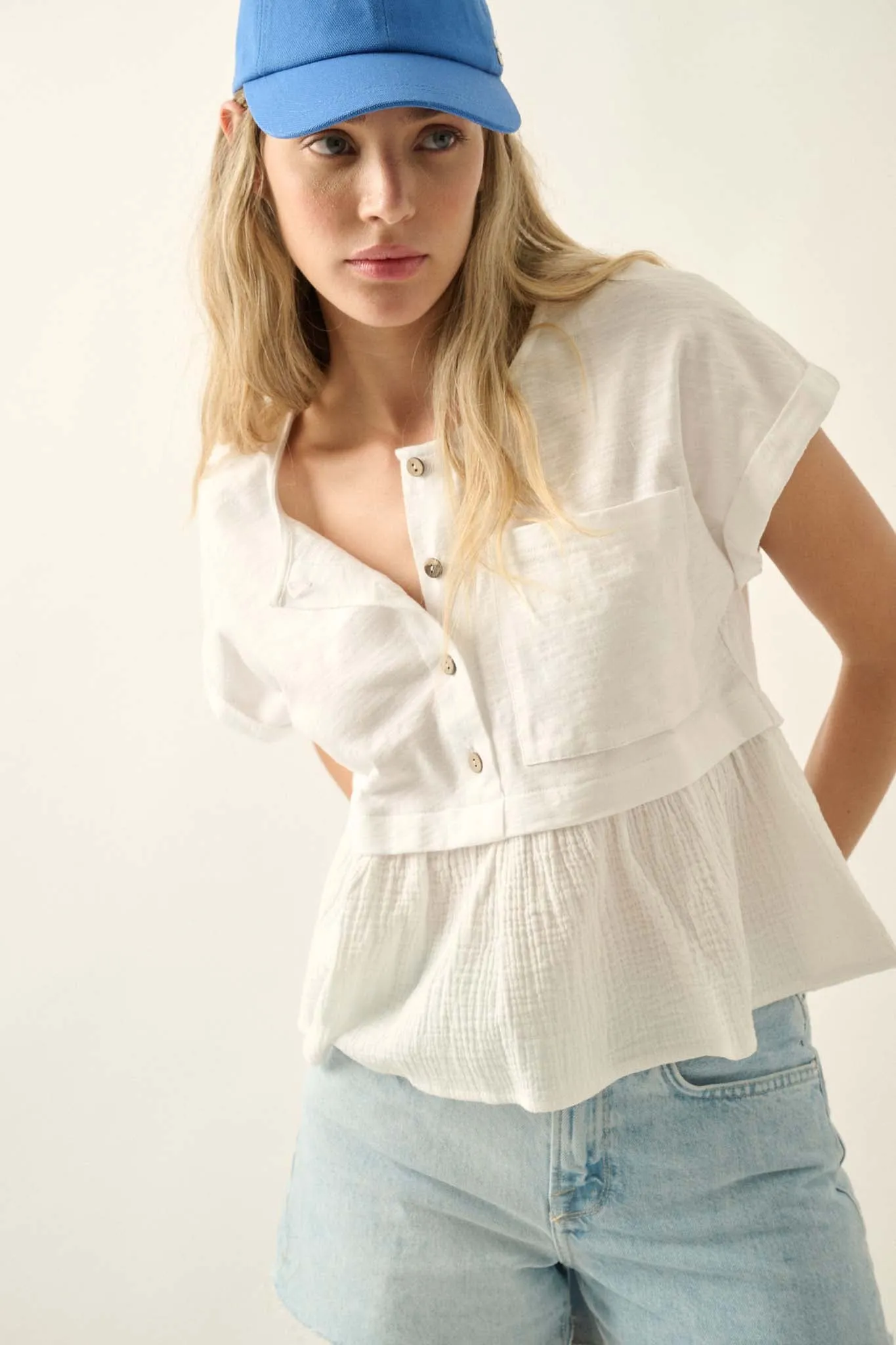 Open Air Cotton Pocket Henley Babydoll Top