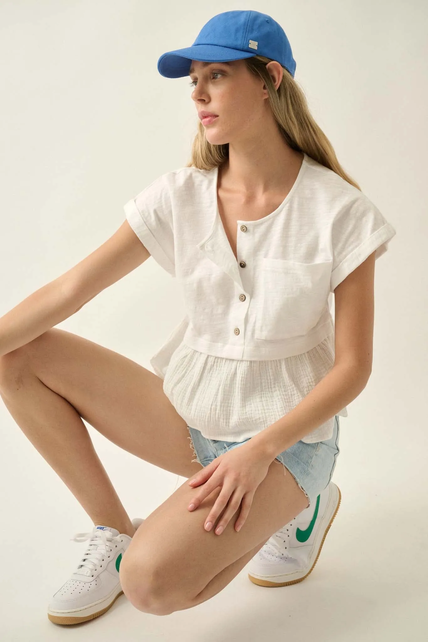 Open Air Cotton Pocket Henley Babydoll Top