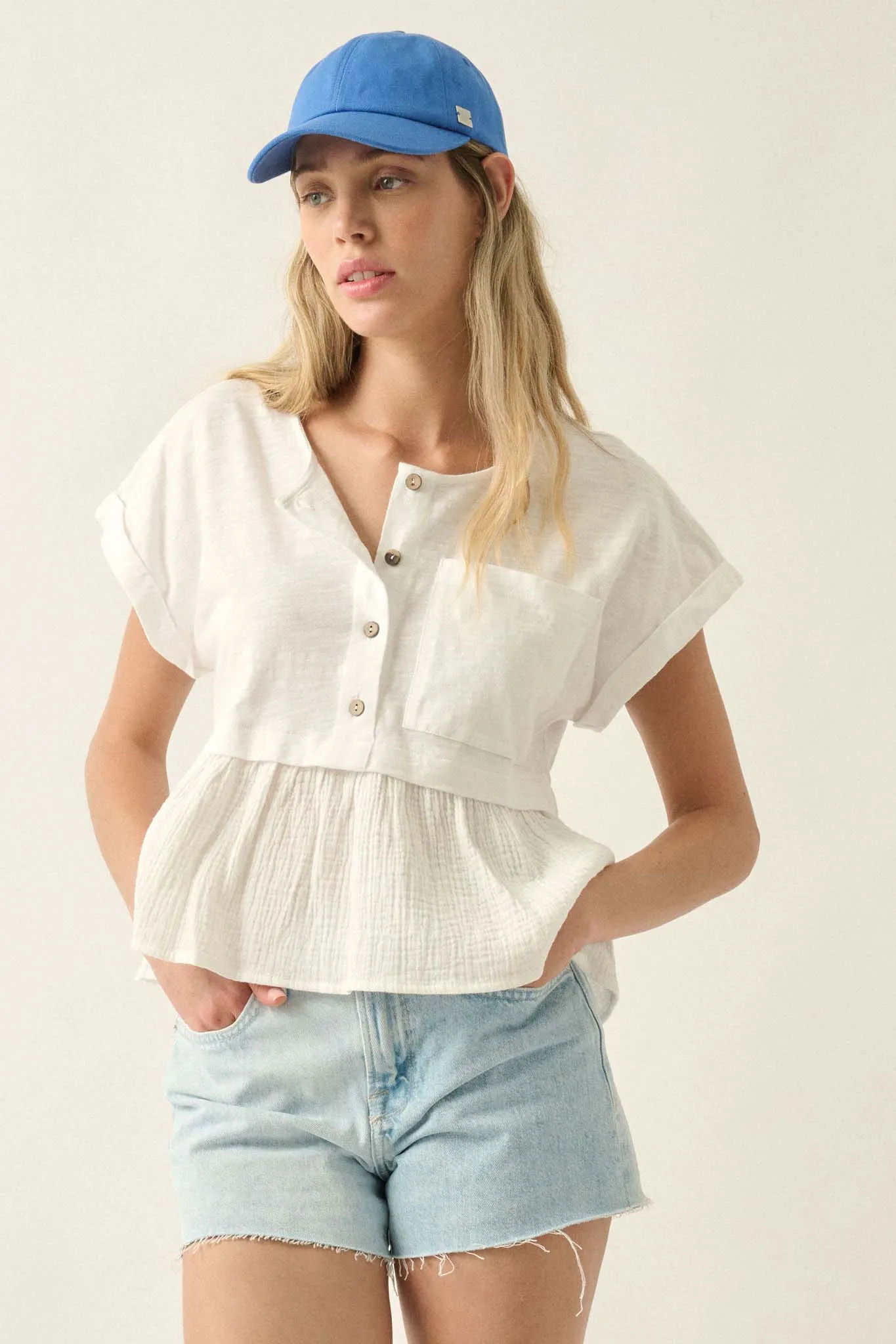 Open Air Cotton Pocket Henley Babydoll Top