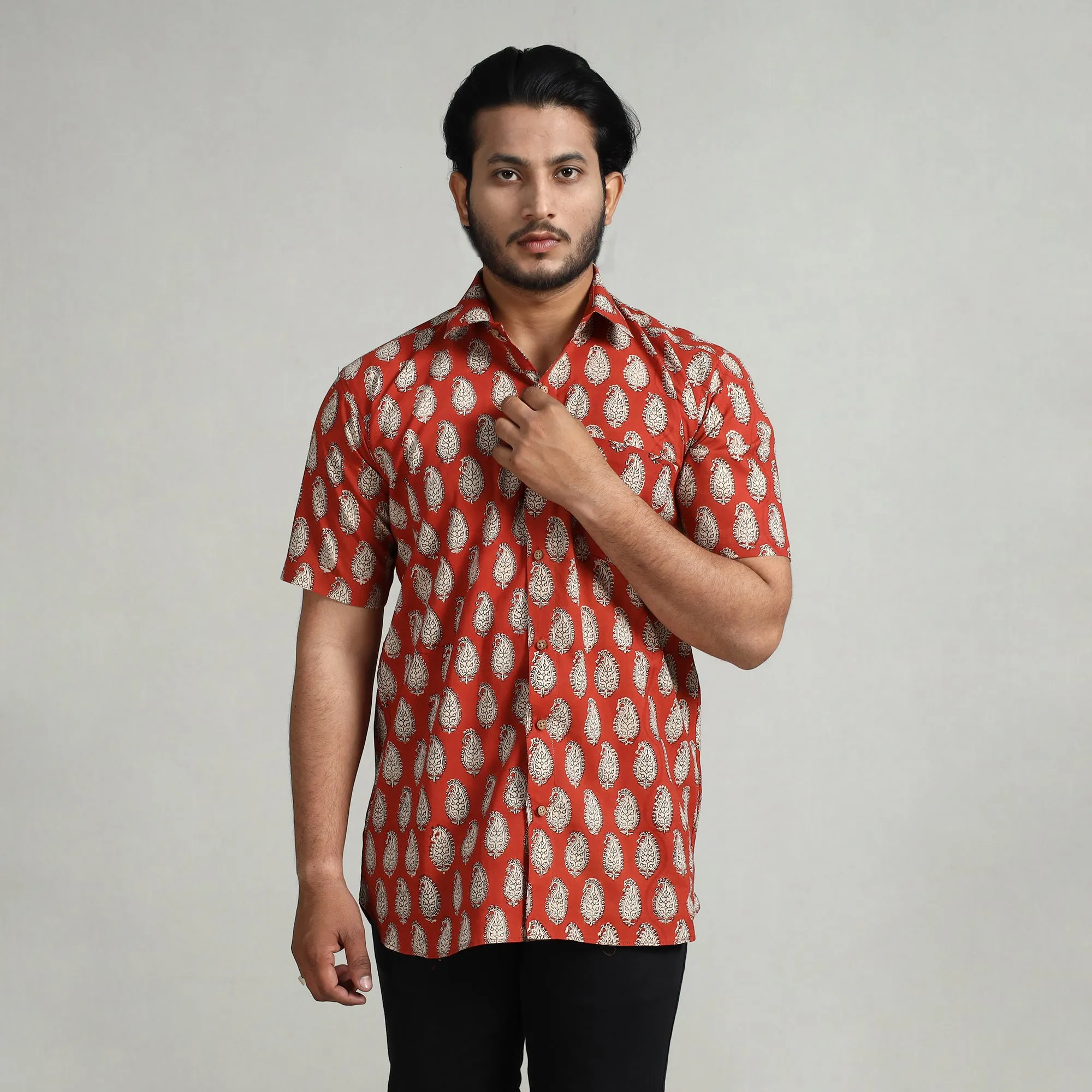 Orange - Bagru Block Printed Cotton Men Half Sleeve Shirt