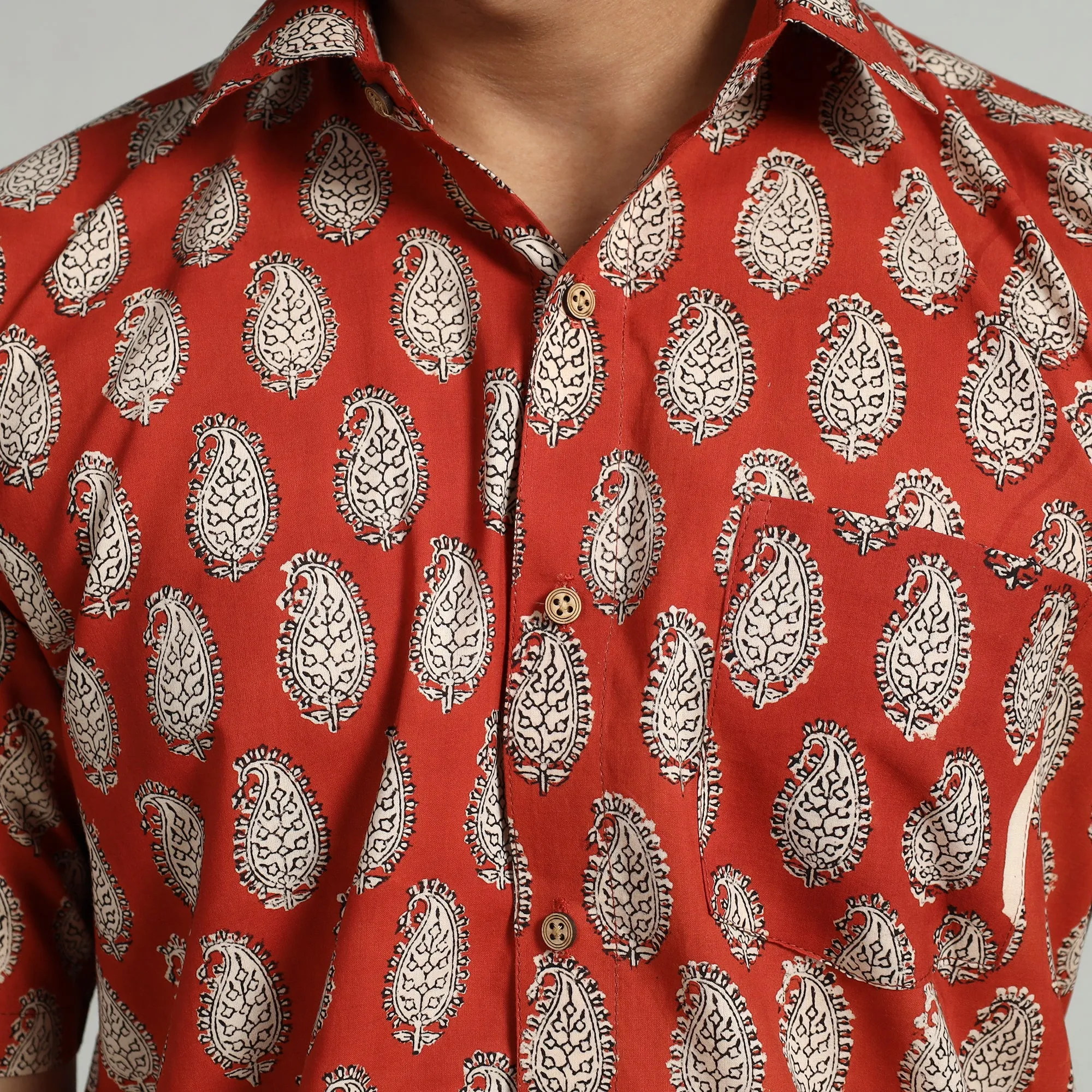 Orange - Bagru Block Printed Cotton Men Half Sleeve Shirt