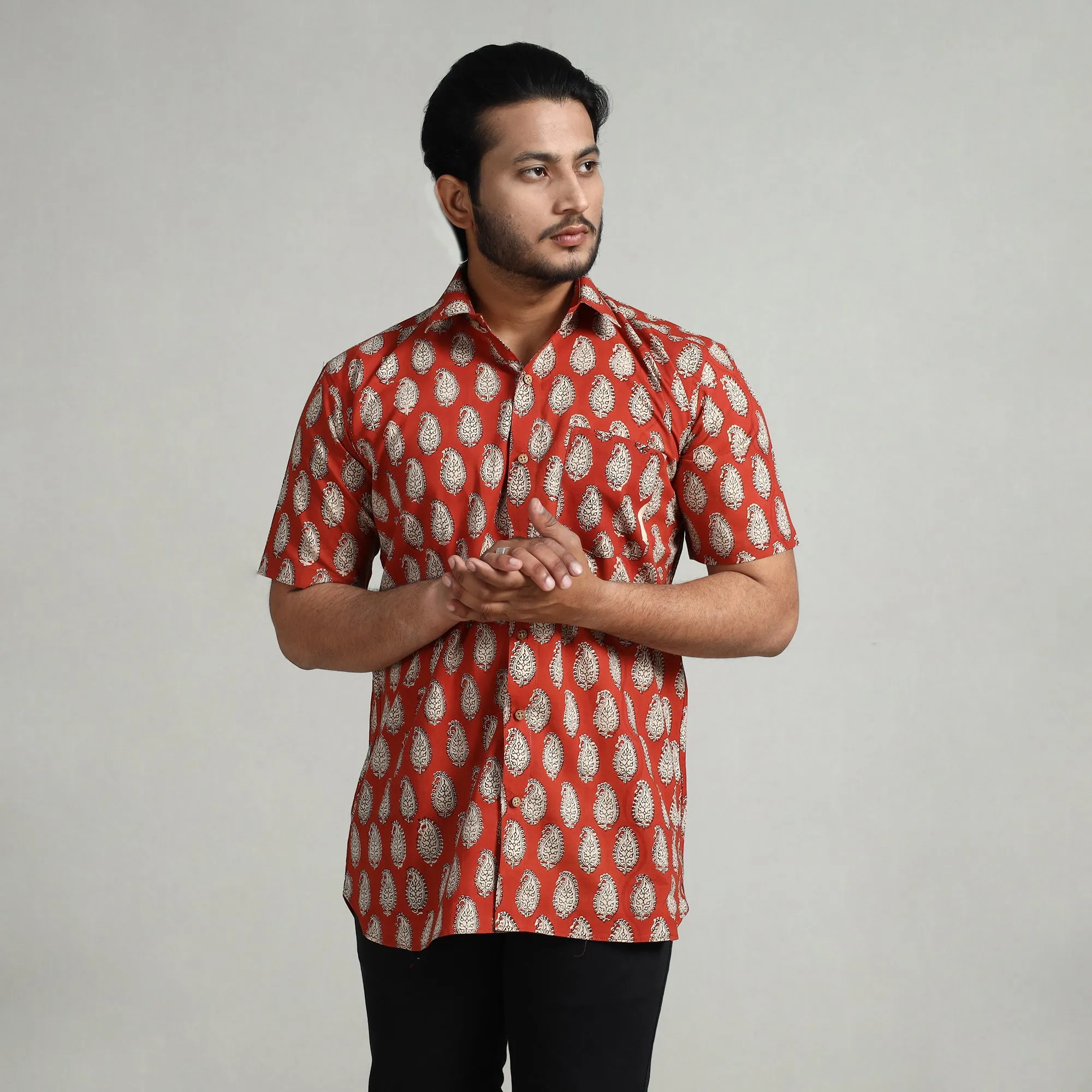 Orange - Bagru Block Printed Cotton Men Half Sleeve Shirt