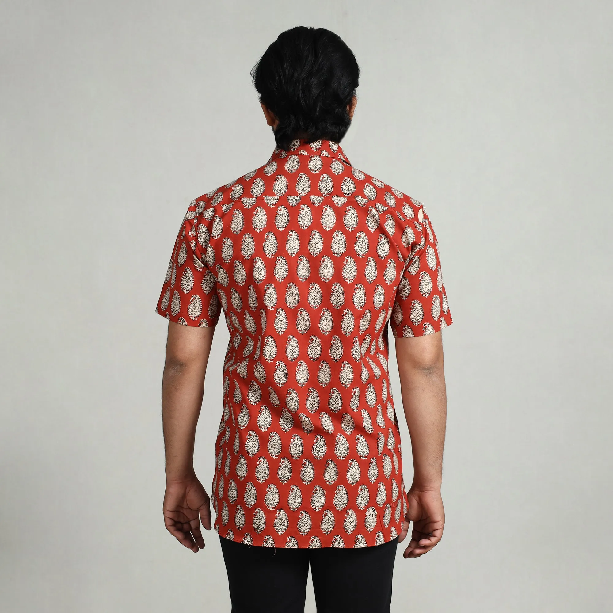 Orange - Bagru Block Printed Cotton Men Half Sleeve Shirt