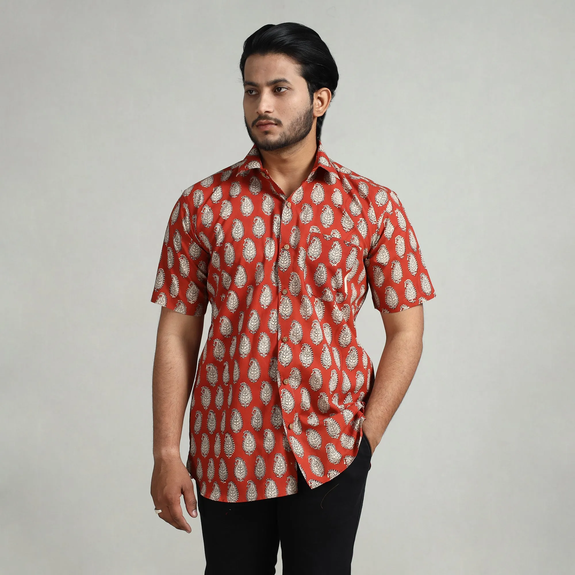 Orange - Bagru Block Printed Cotton Men Half Sleeve Shirt