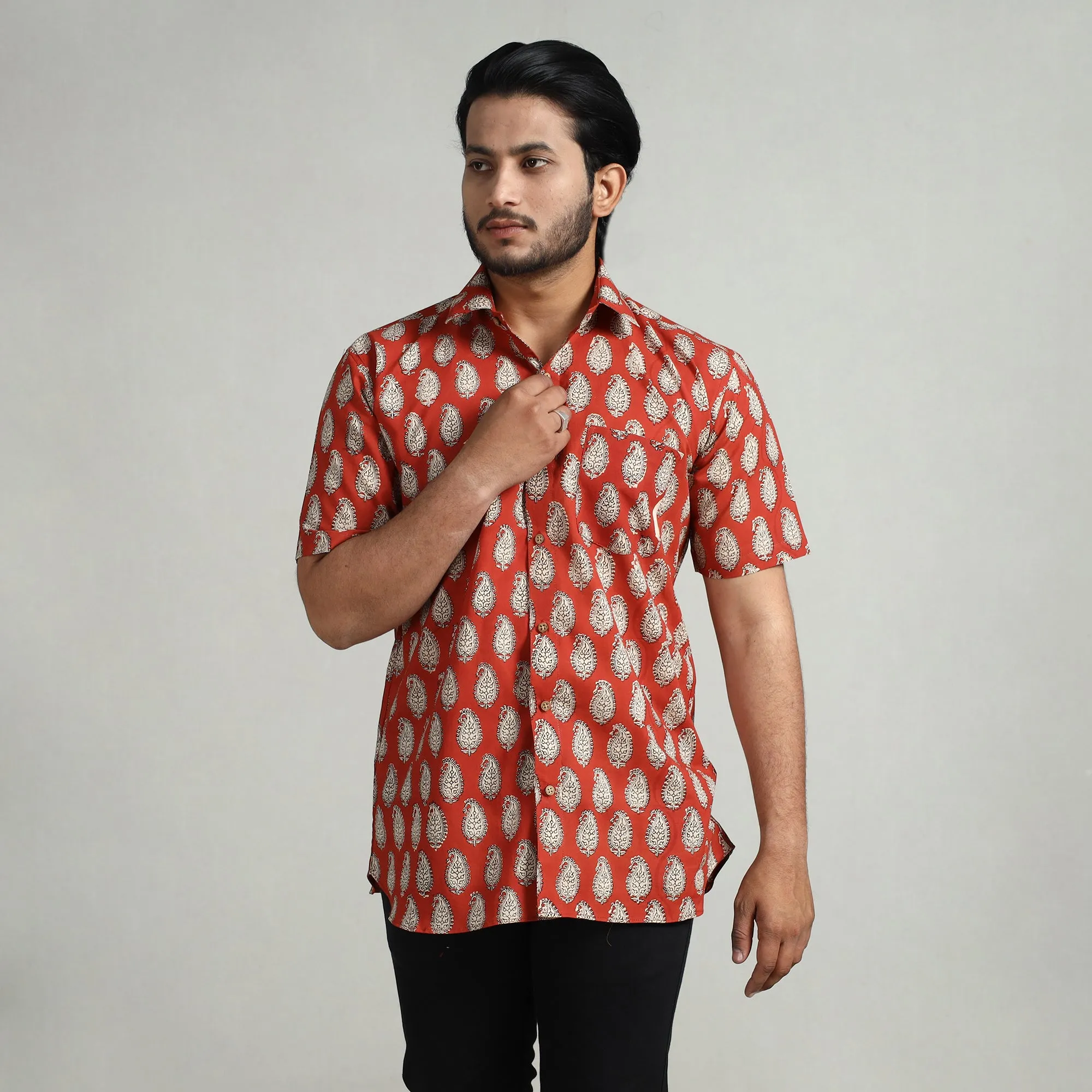 Orange - Bagru Block Printed Cotton Men Half Sleeve Shirt