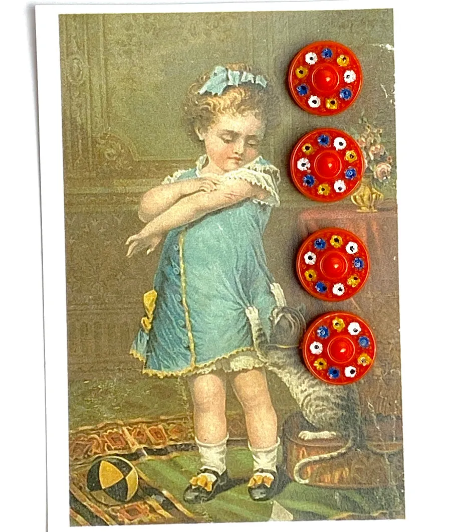 Orange Poppies Vintage Glass 9/16" Buttons, Card of 4, #BK-413