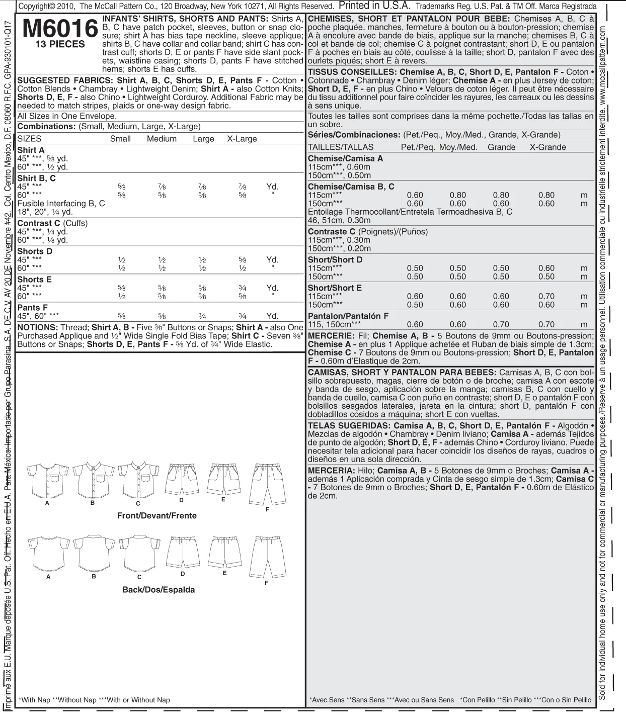 Pattern - Mccall's - M6016 - Infants’ Shirts, Shorts And Pants