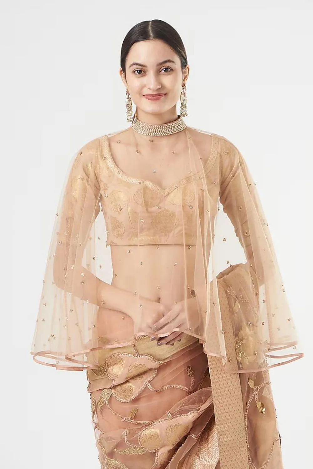 Peach French Net Saree Set