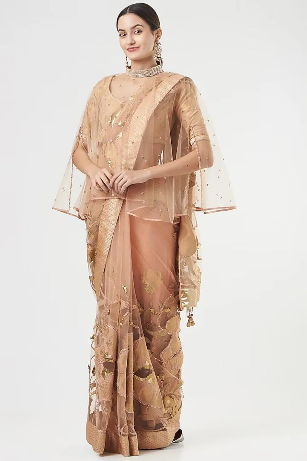 Peach French Net Saree Set