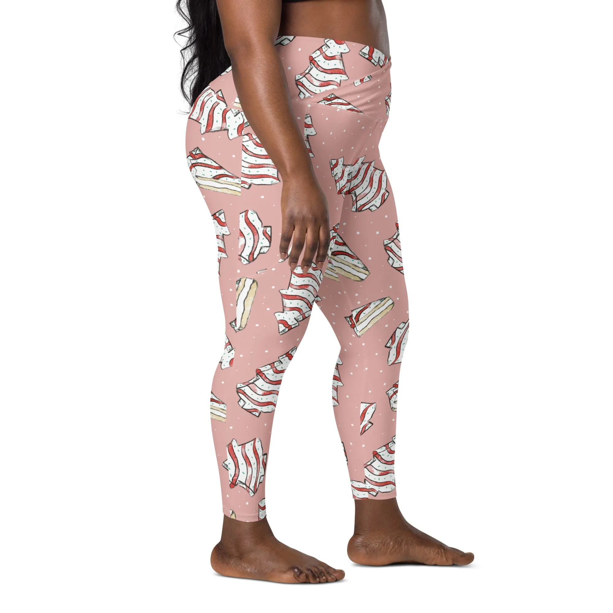 Pink Christmas Cakes Crossover leggings with pockets