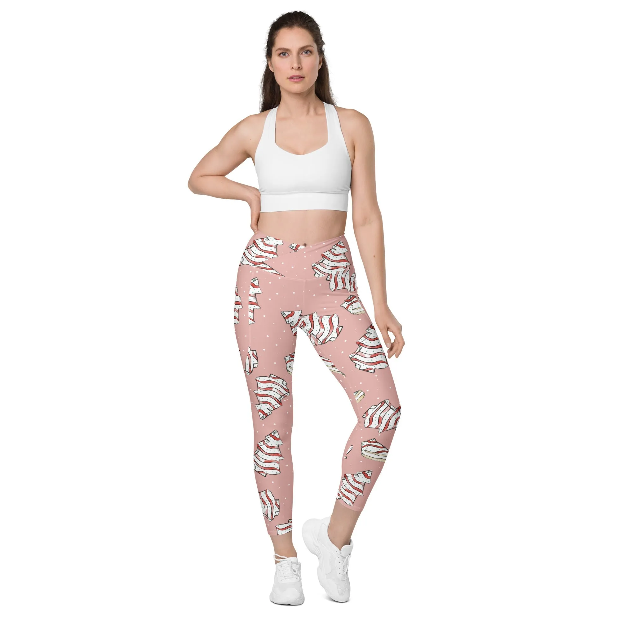 Pink Christmas Cakes Crossover leggings with pockets