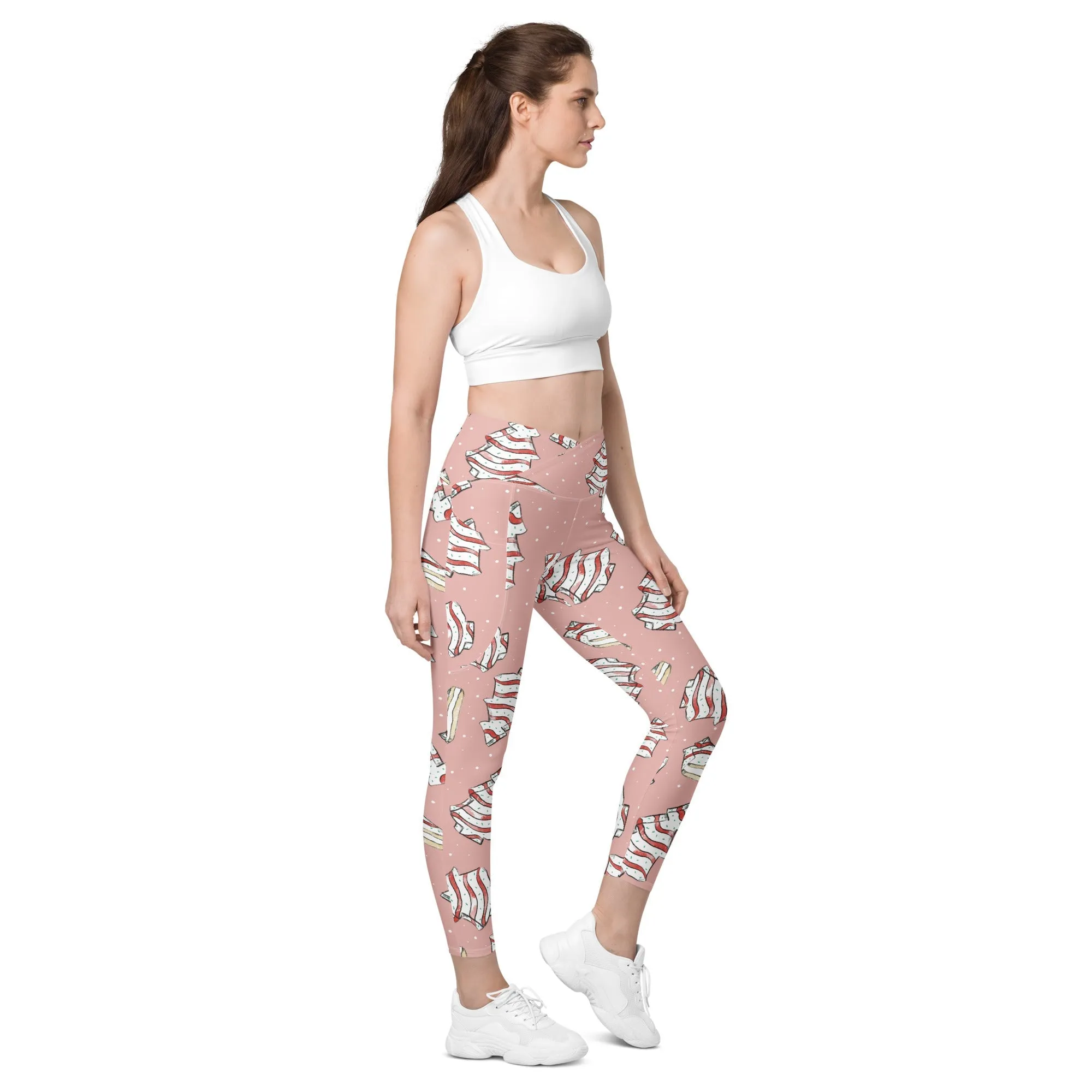 Pink Christmas Cakes Crossover leggings with pockets