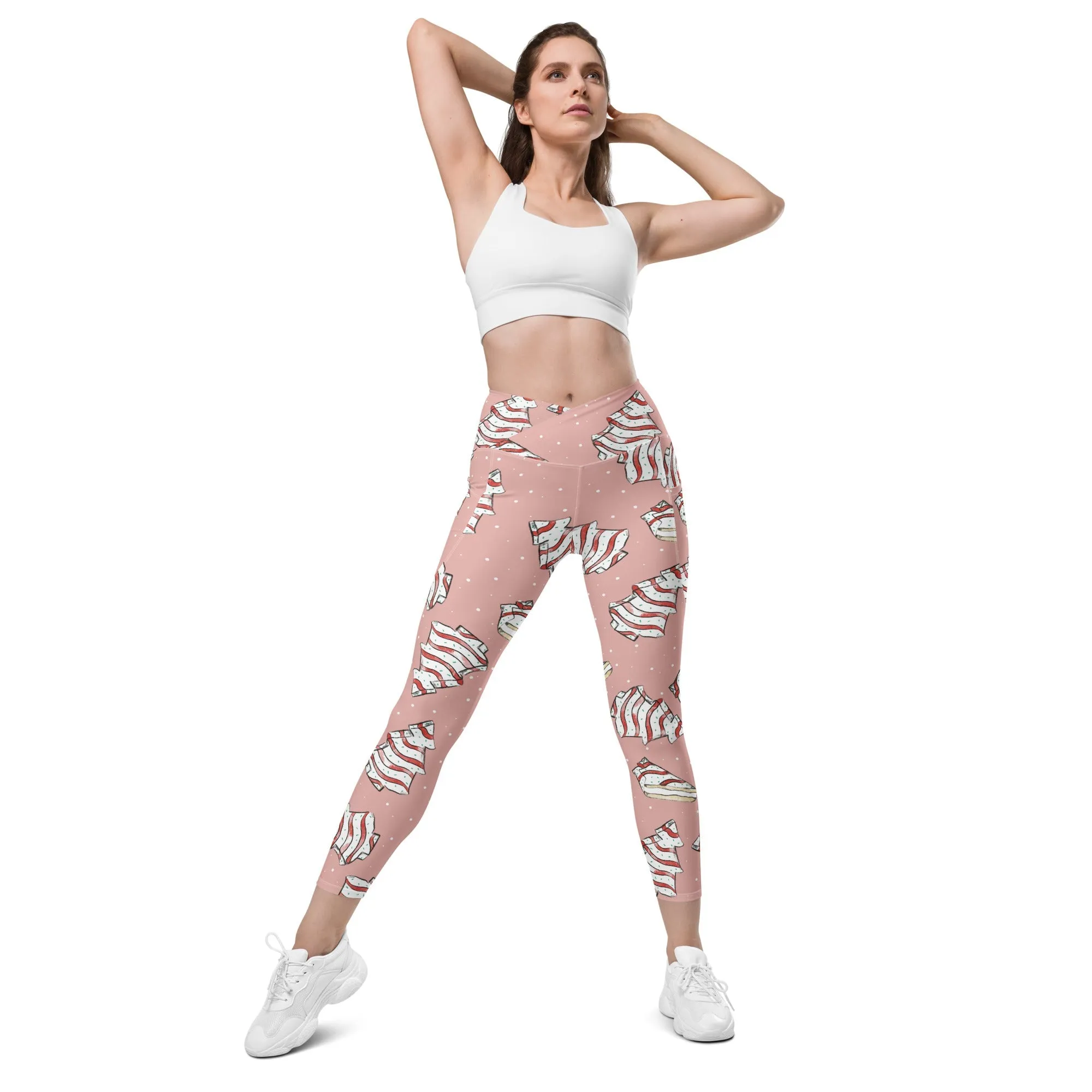 Pink Christmas Cakes Crossover leggings with pockets