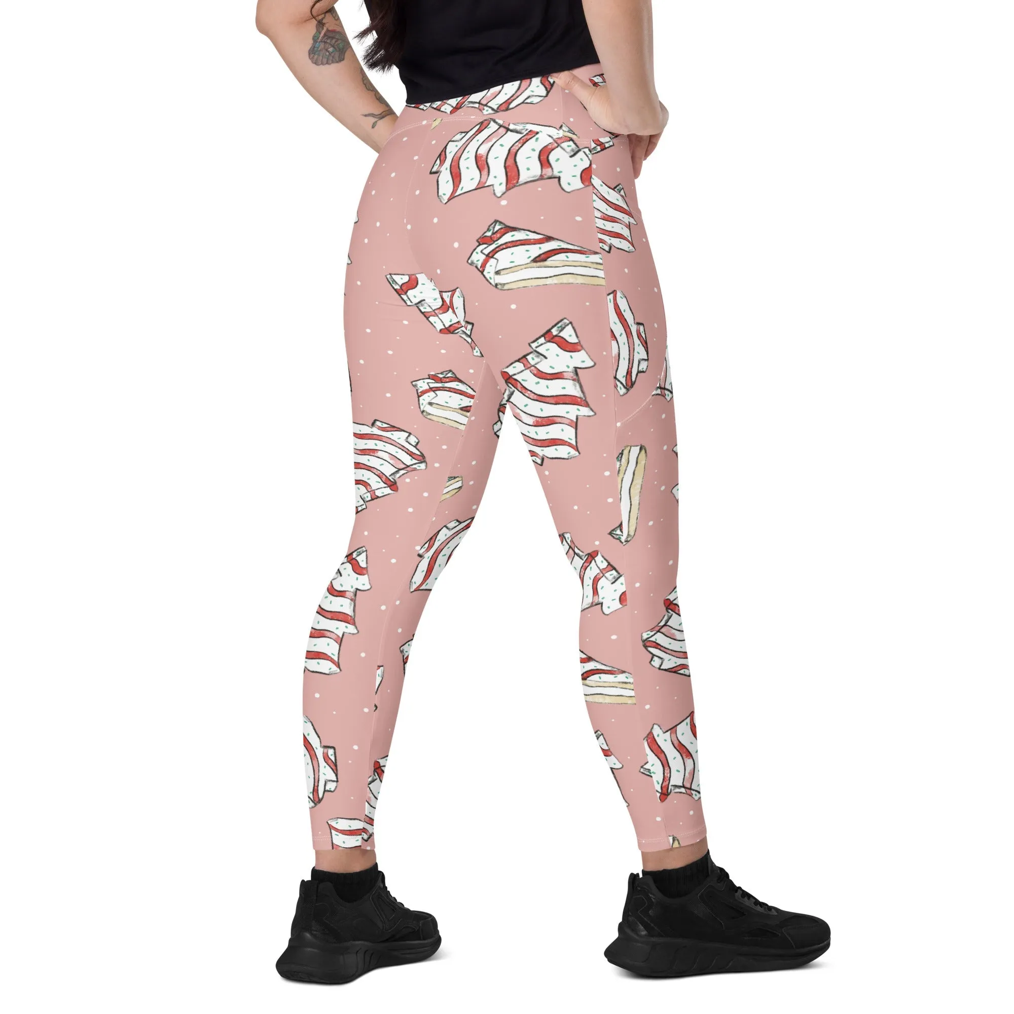 Pink Christmas Cakes Crossover leggings with pockets