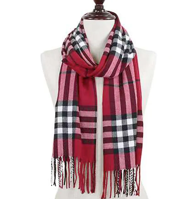 Plaid Oblong Scarf with Fringe