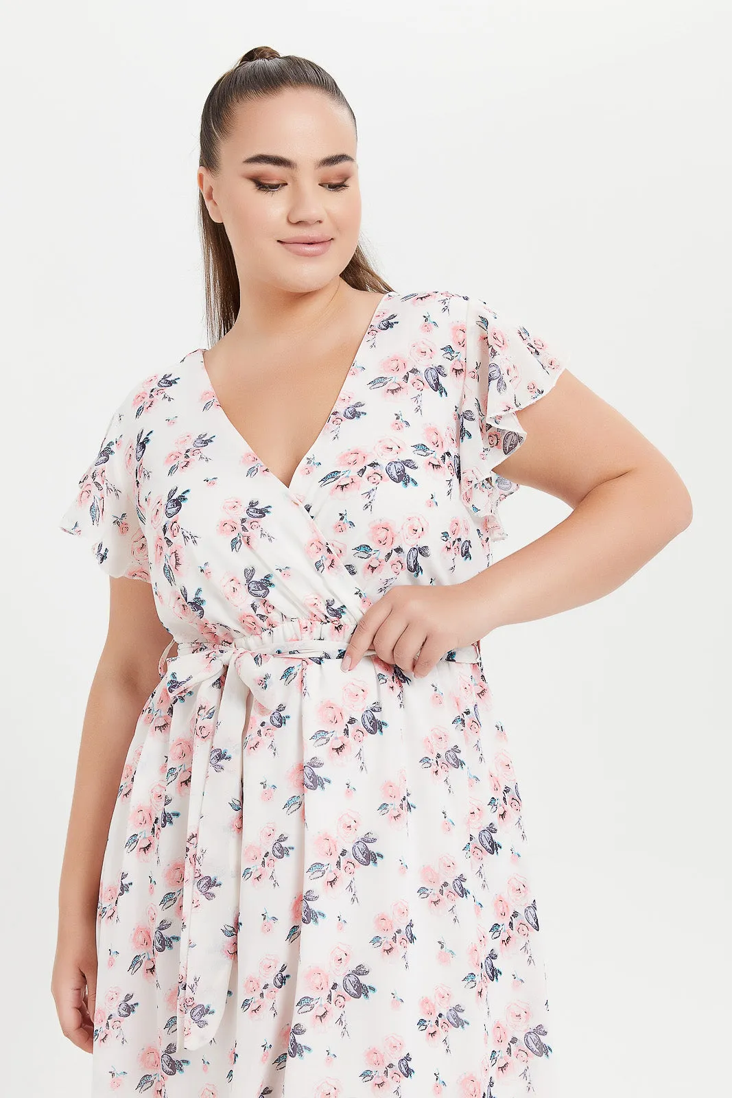 Plus Size Cream Floral Print Dress