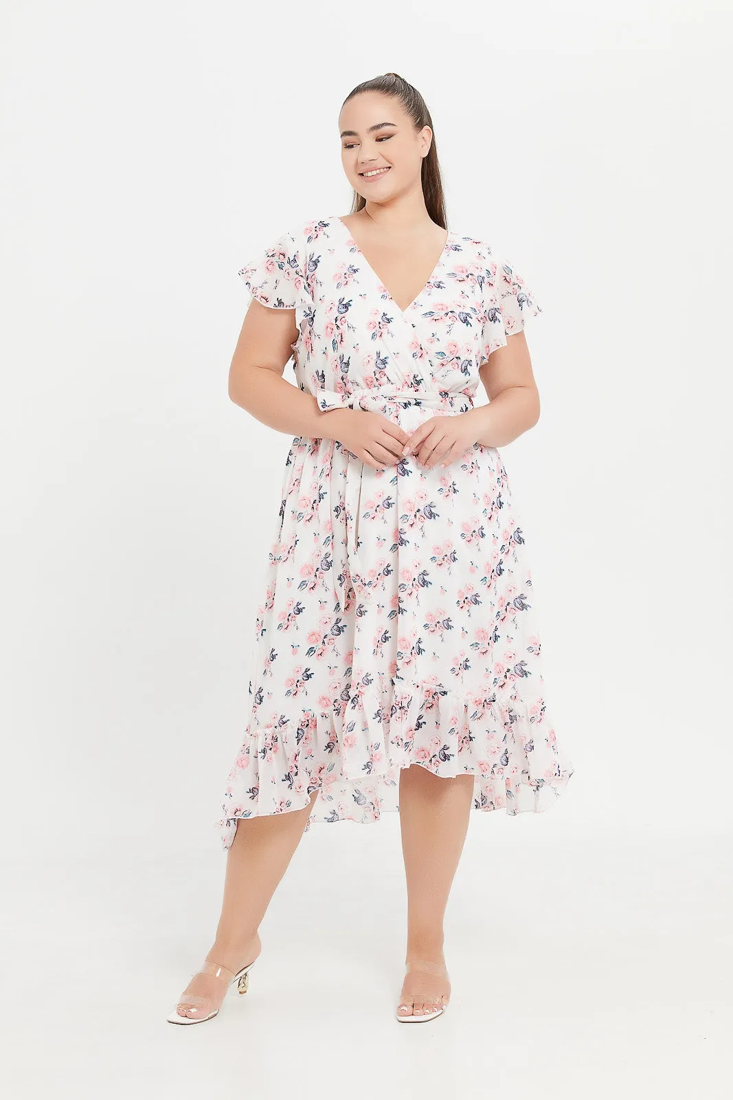 Plus Size Cream Floral Print Dress