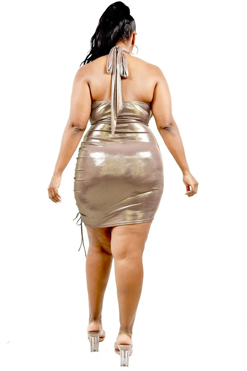 Plus Size Metallic Cross Wrap Halter Mini Dress