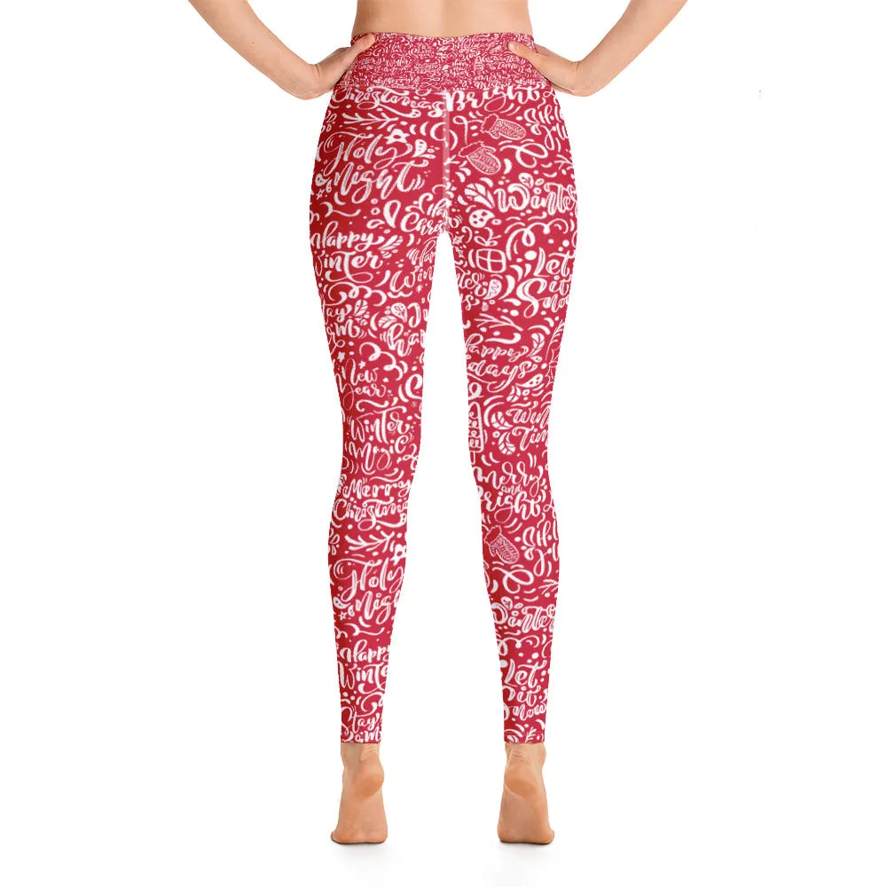 Red Christmas Typography Pattern Yoga Leggings