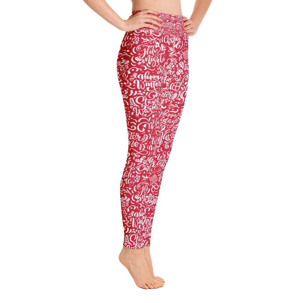 Red Christmas Typography Pattern Yoga Leggings