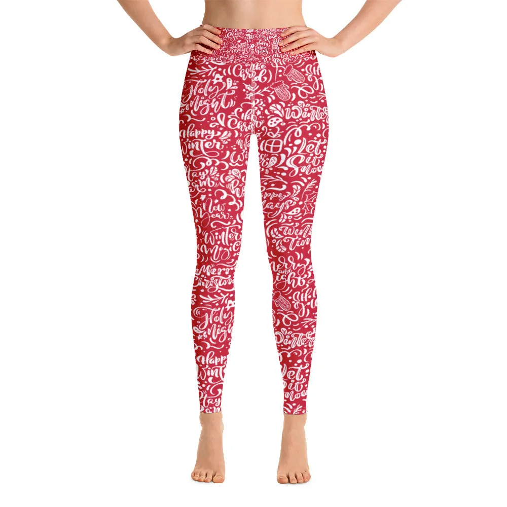 Red Christmas Typography Pattern Yoga Leggings