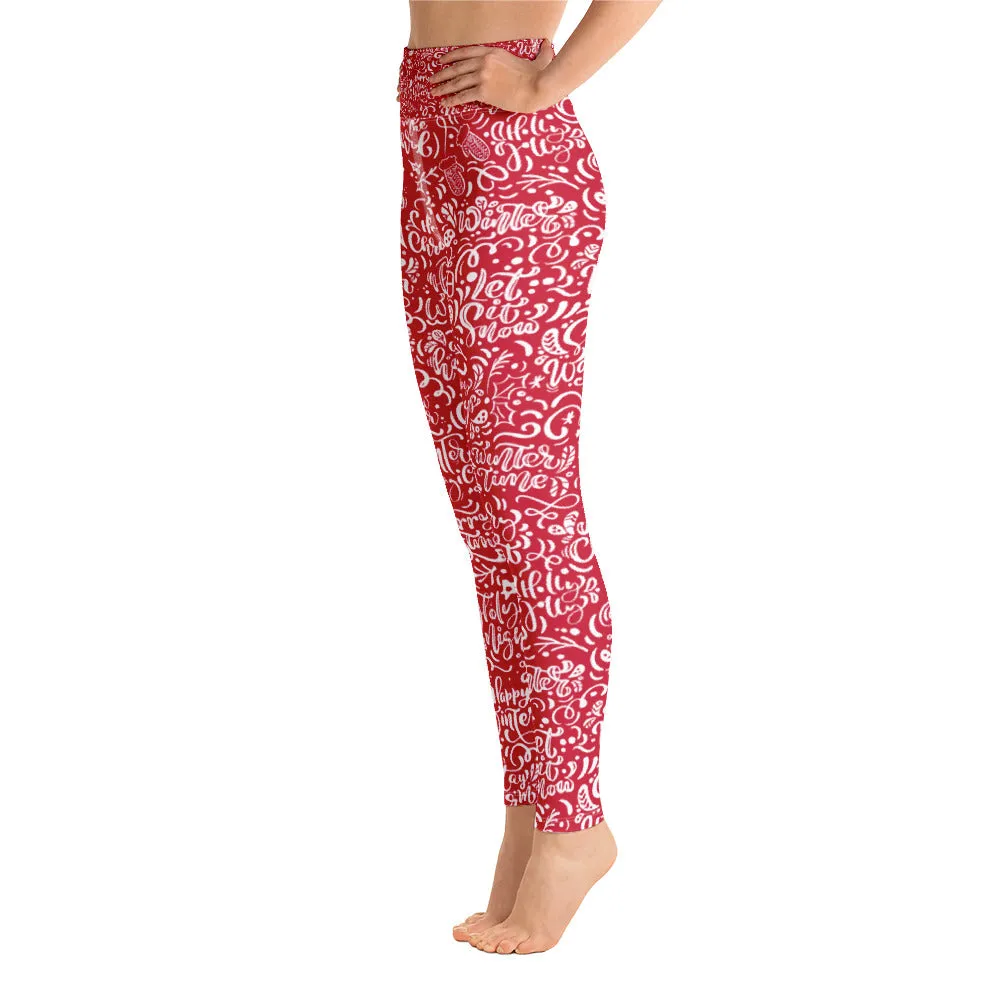 Red Christmas Typography Pattern Yoga Leggings