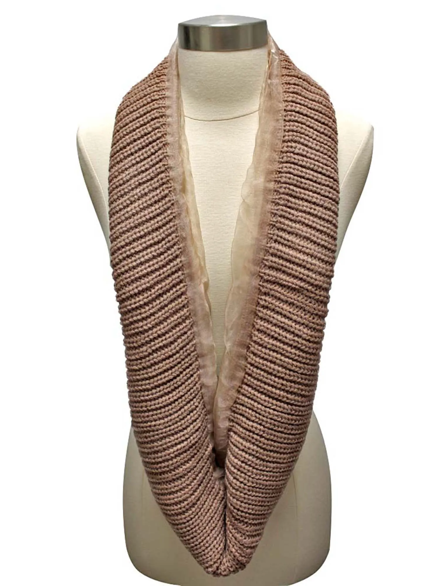 Ribbed Knit Circle Infinity Scarf With Chiffon