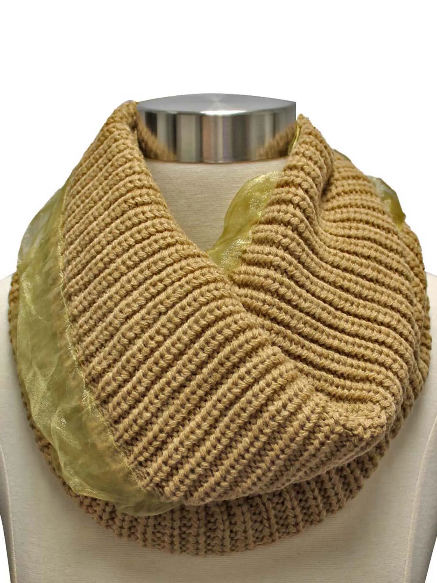 Ribbed Knit Circle Infinity Scarf With Chiffon