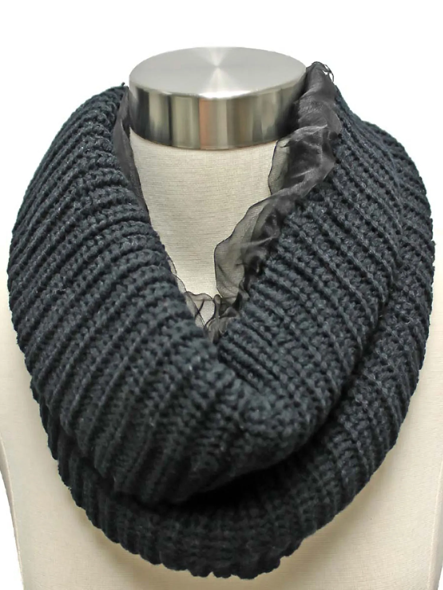 Ribbed Knit Circle Infinity Scarf With Chiffon