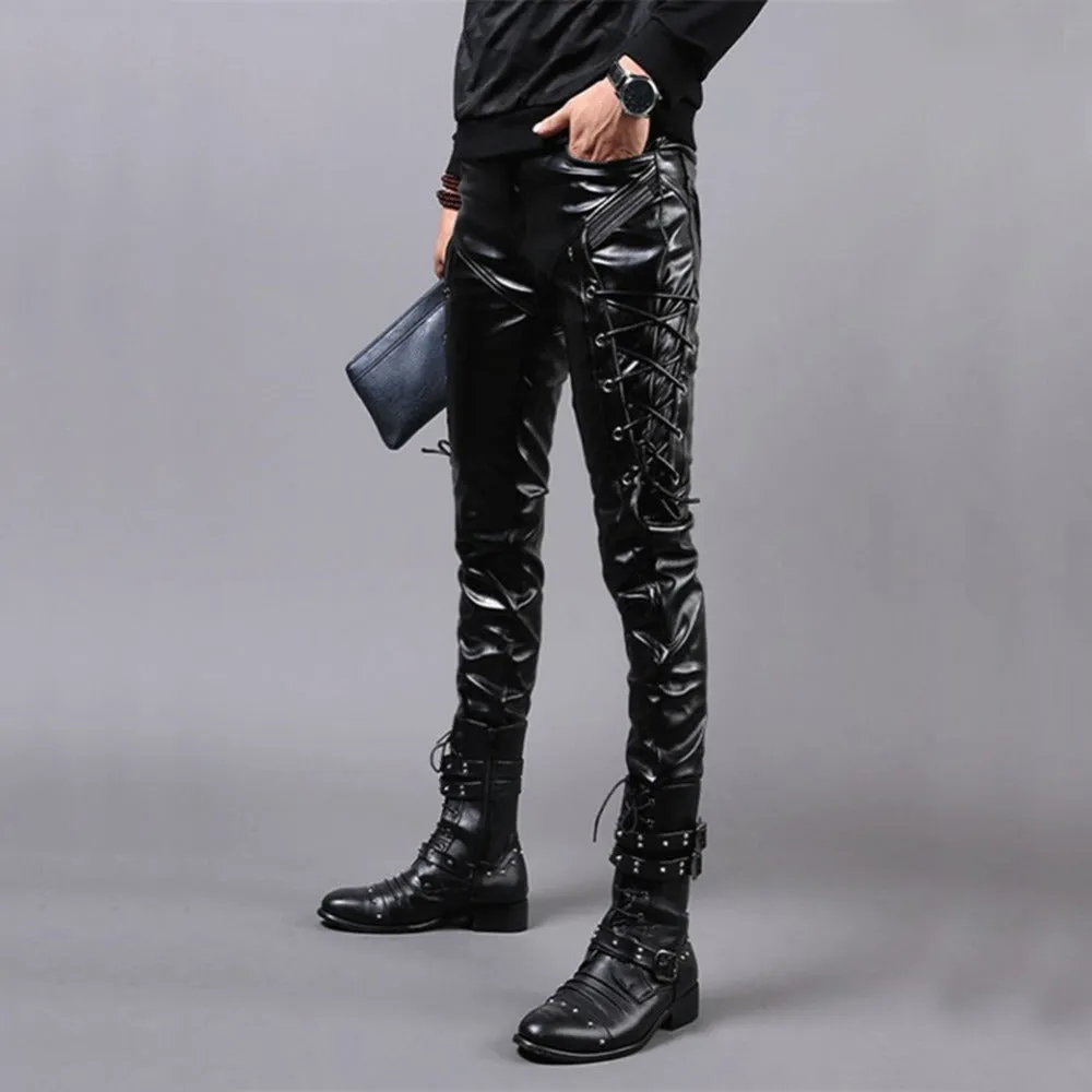 Rock Skinny Lace Up  Shiny Faux PU Leather Trousers