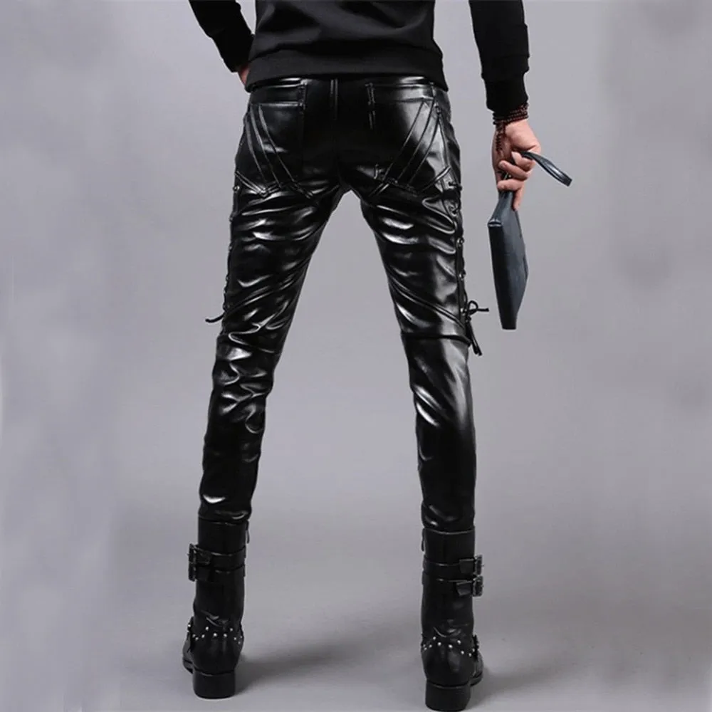 Rock Skinny Lace Up  Shiny Faux PU Leather Trousers