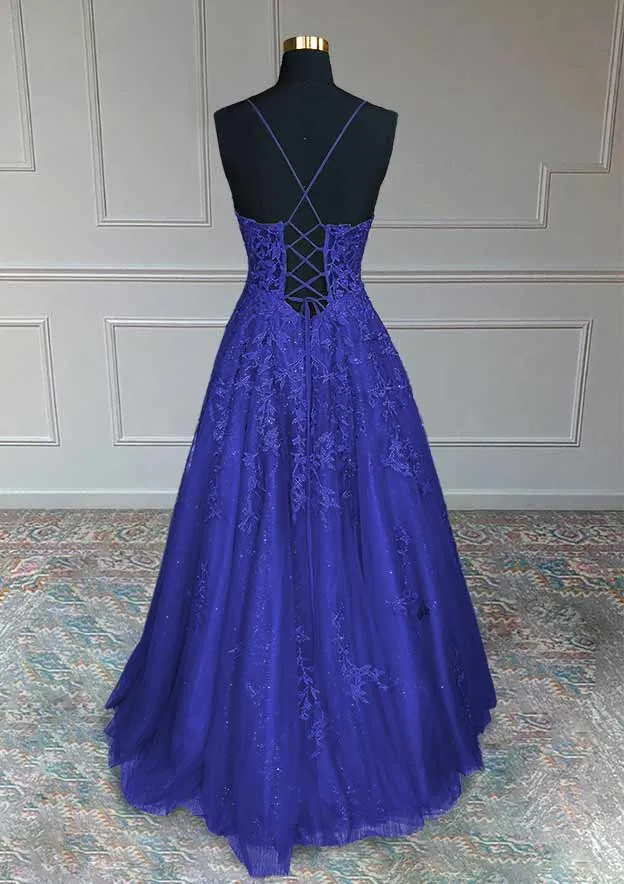 Royal Blue Prom Dresses, A-line V Neck Spaghetti Straps Long/Floor-Length Tulle Prom Dress With Appliqued Beading Glitter