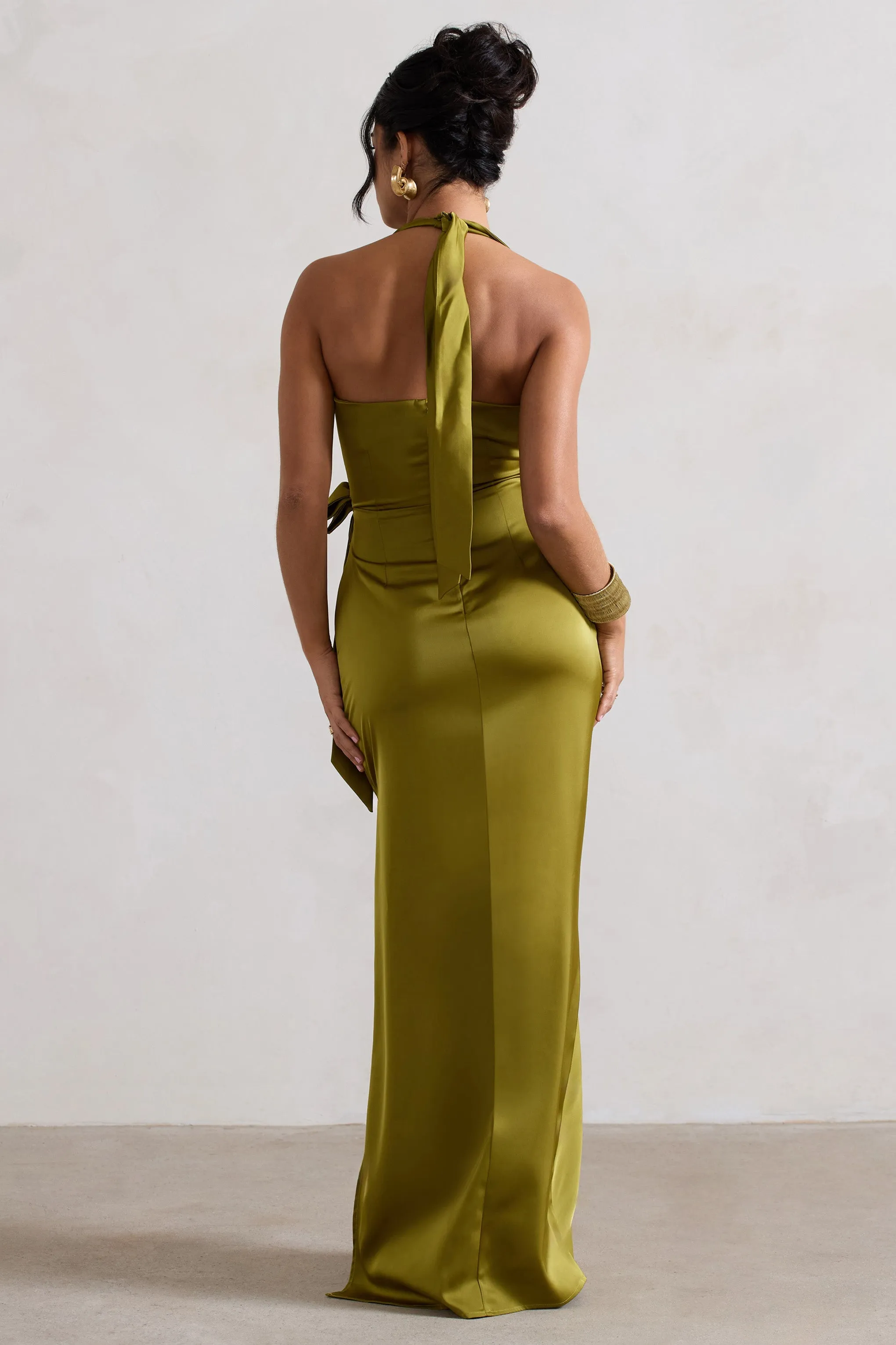 Santorini | Olive Satin Plunge-Neck Wrap Maxi Dress