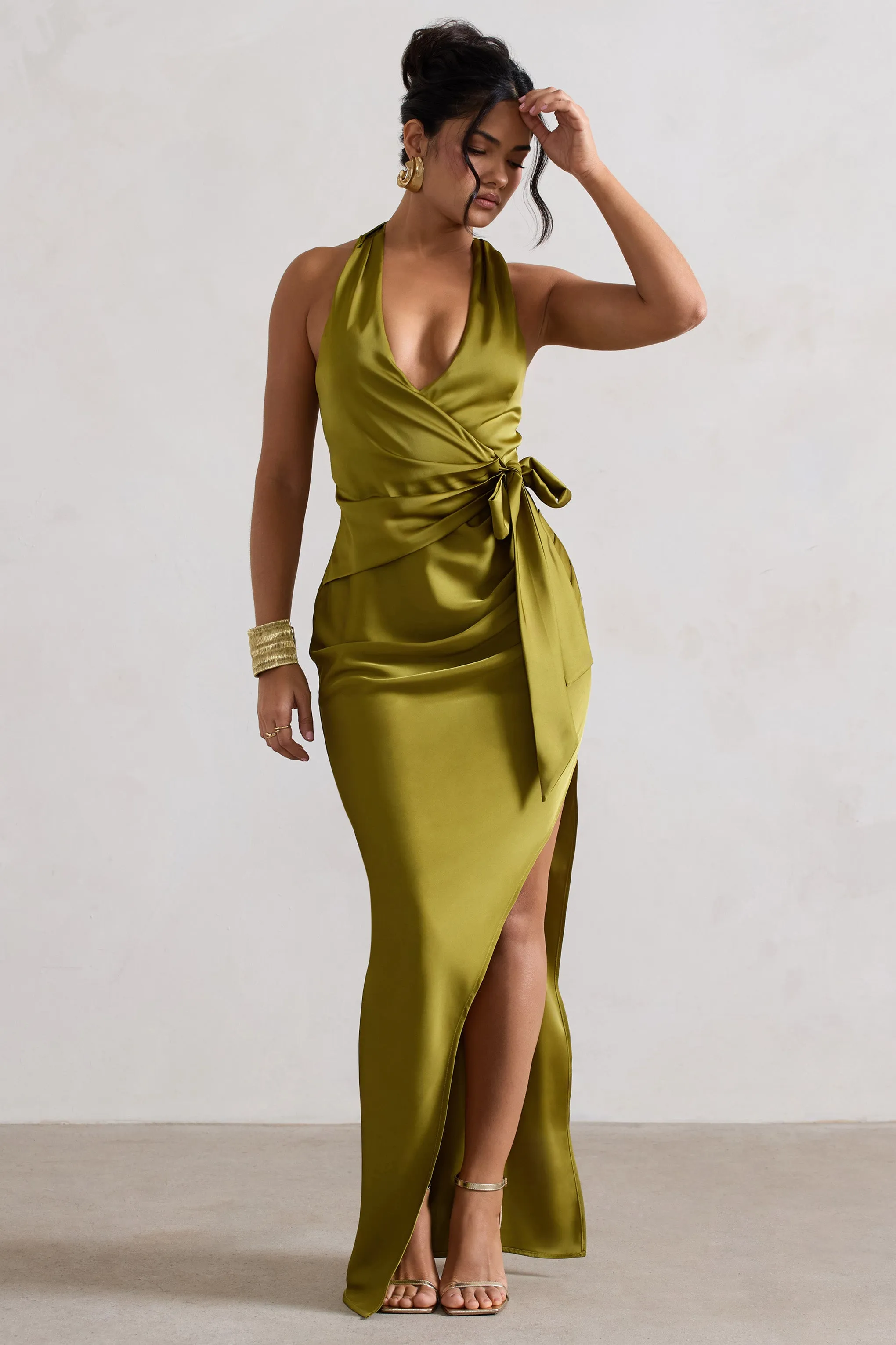 Santorini | Olive Satin Plunge-Neck Wrap Maxi Dress