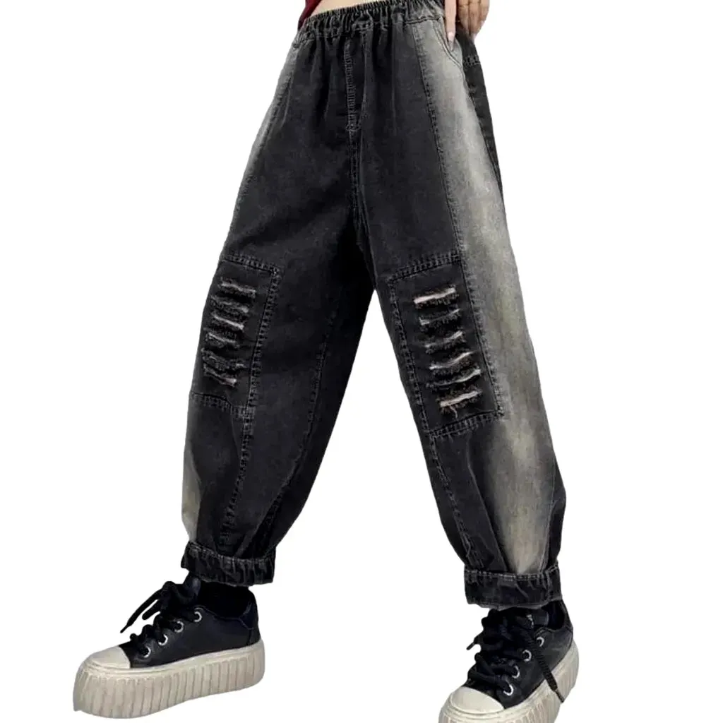 Side-bands distressed denim pants for ladies