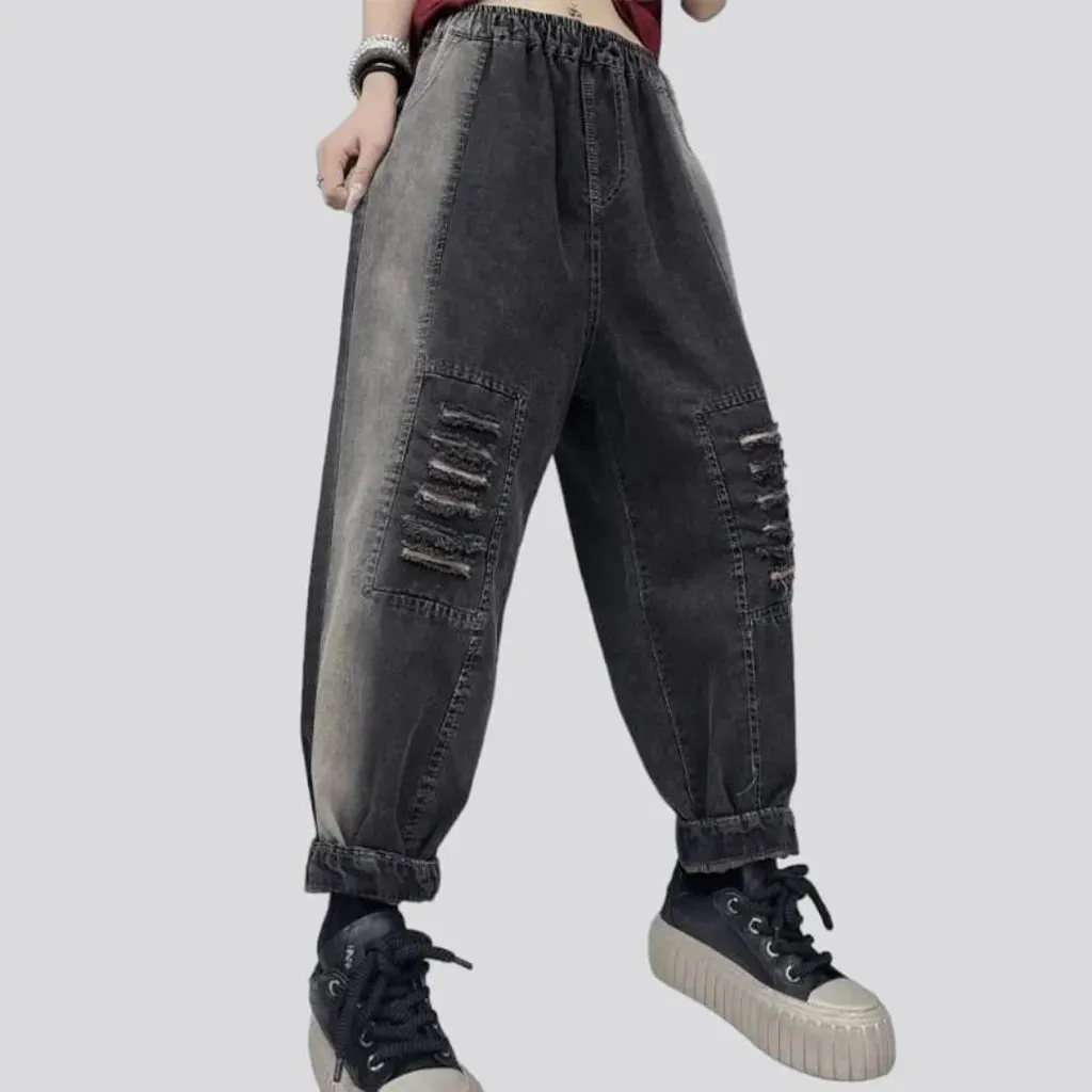 Side-bands distressed denim pants for ladies