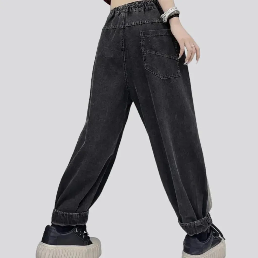 Side-bands distressed denim pants for ladies