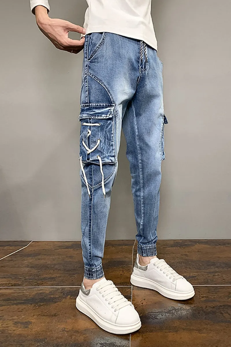 Side Pockets Decorated Denim Jogger Pants