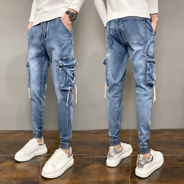 Side Pockets Decorated Denim Jogger Pants