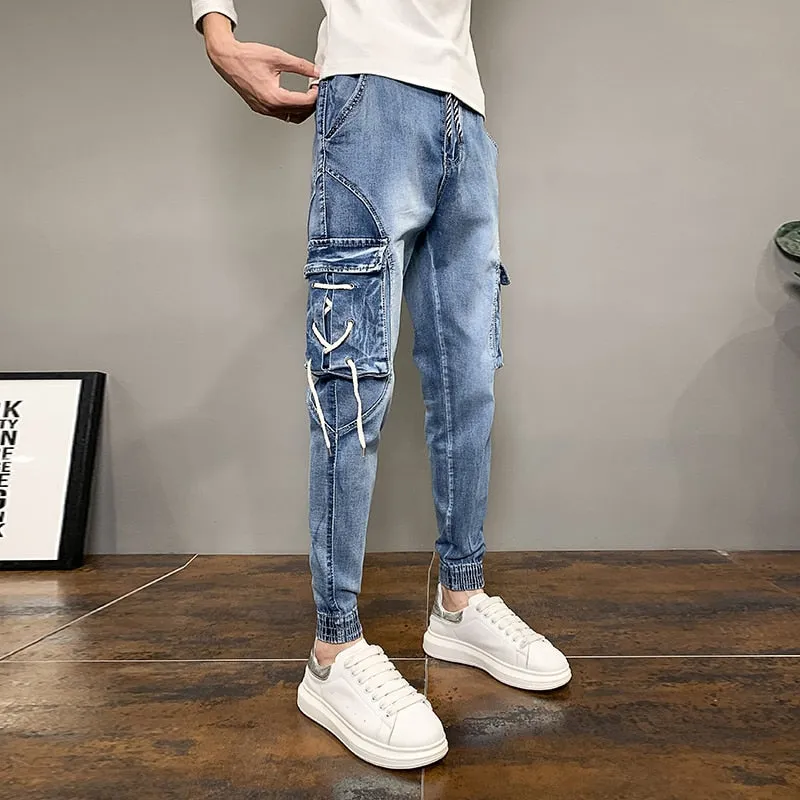 Side Pockets Decorated Denim Jogger Pants