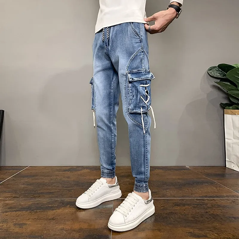 Side Pockets Decorated Denim Jogger Pants