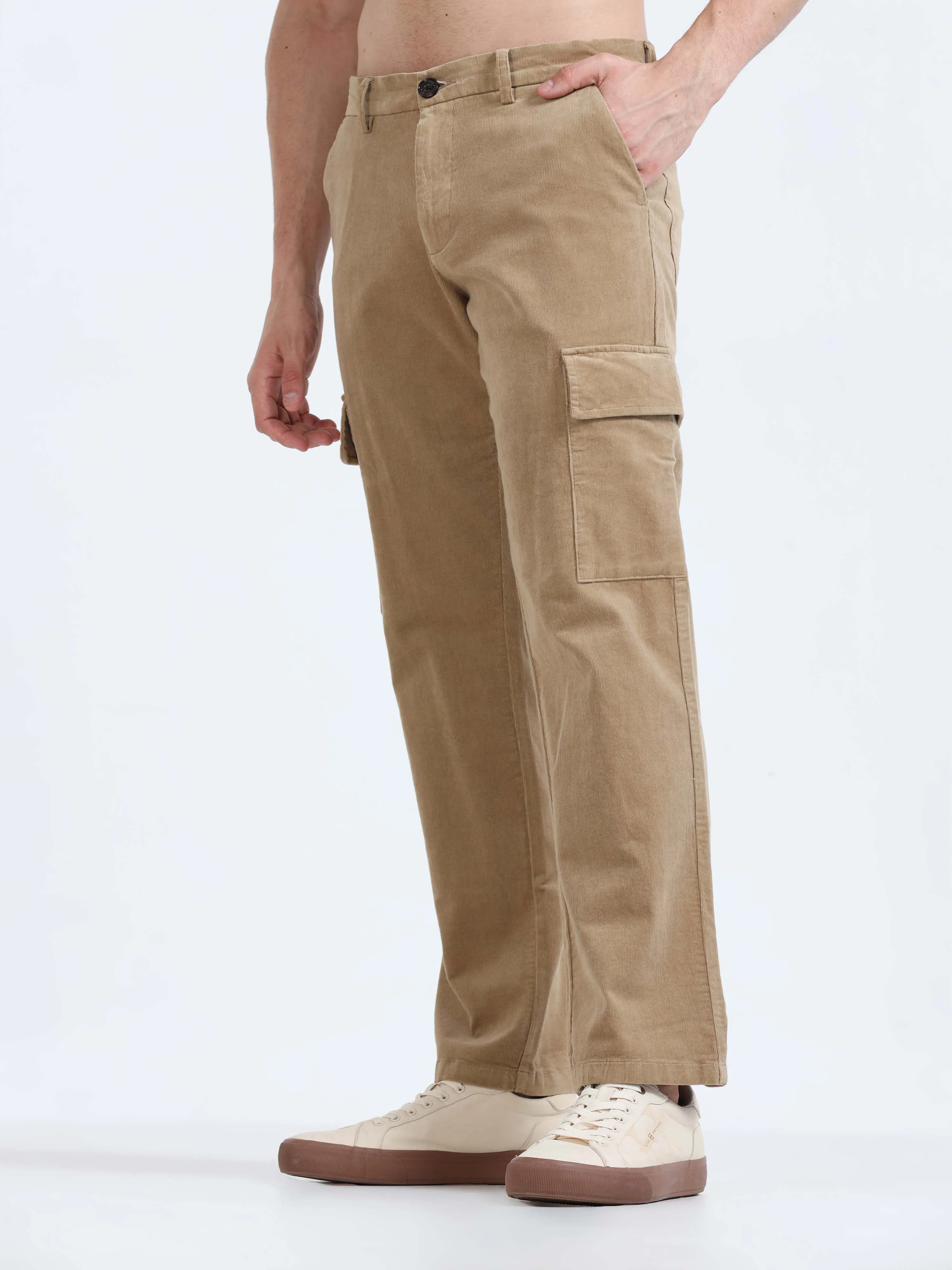 Soft Corduroy Beige Relaxed Cargo Pant