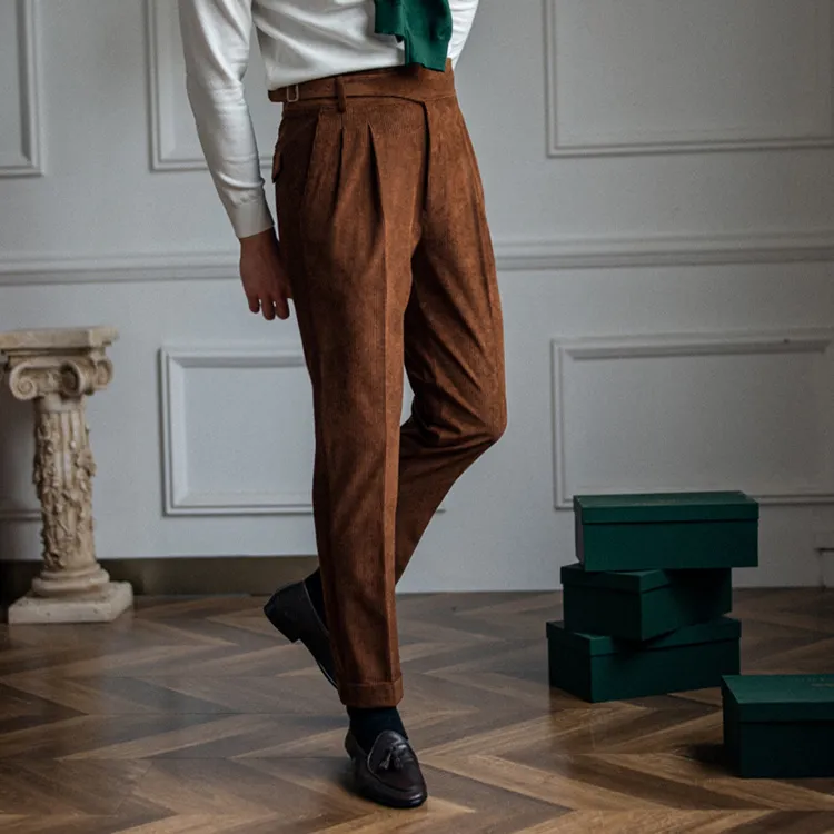 Solid Corduroy High Waist Trousers