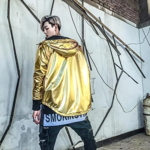 Solid Shining Metallic Streetwear Hip Hop Casual Men Jacket