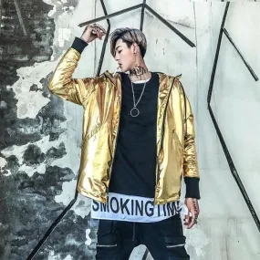 Solid Shining Metallic Streetwear Hip Hop Casual Men Jacket