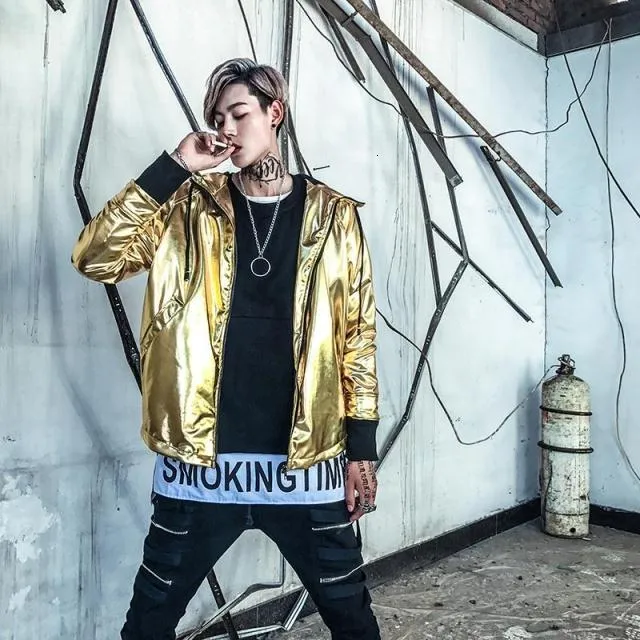 Solid Shining Metallic Streetwear Hip Hop Casual Men Jacket