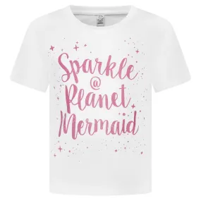 Sparkle @ Planet Mermaid" Girls White T-shirt With Glitter Print