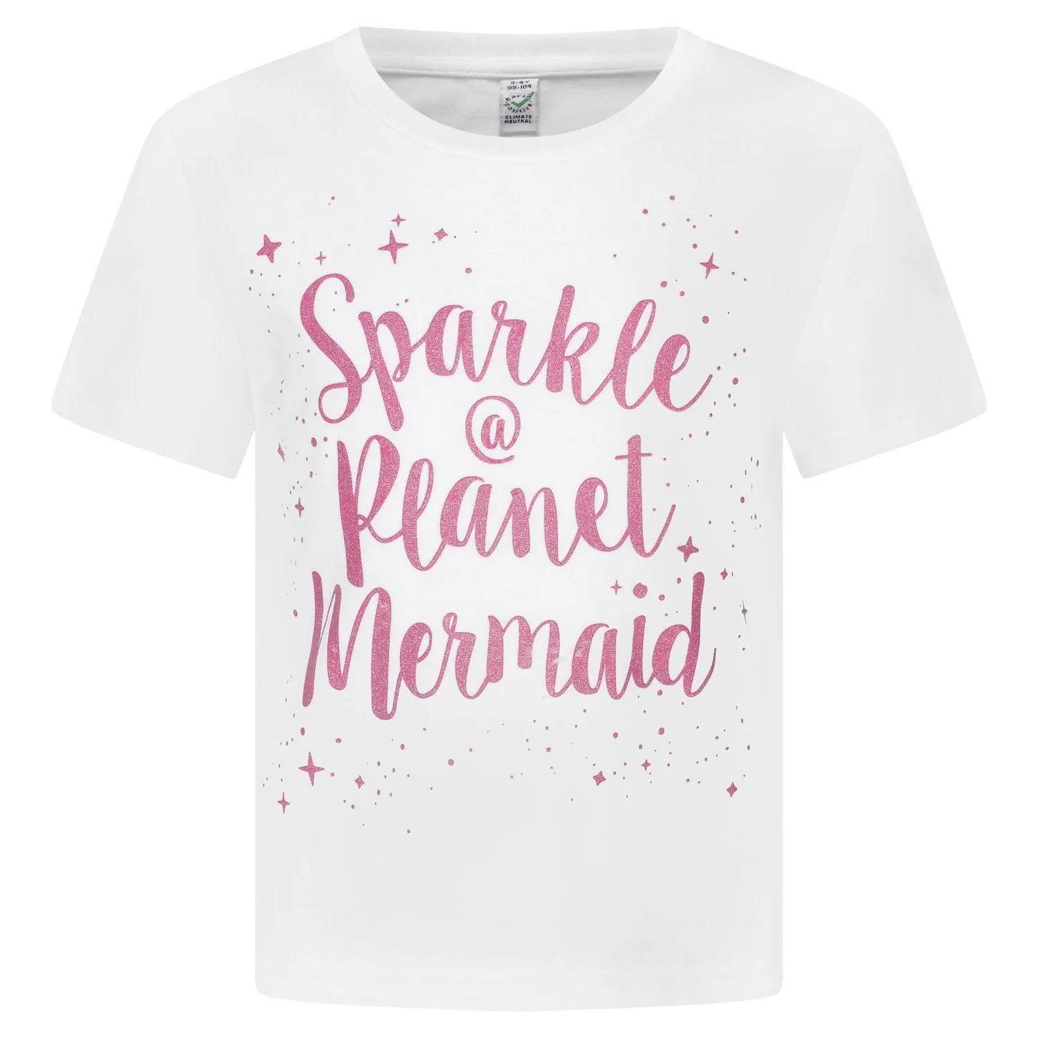 Sparkle @ Planet Mermaid" Girls White T-shirt With Glitter Print