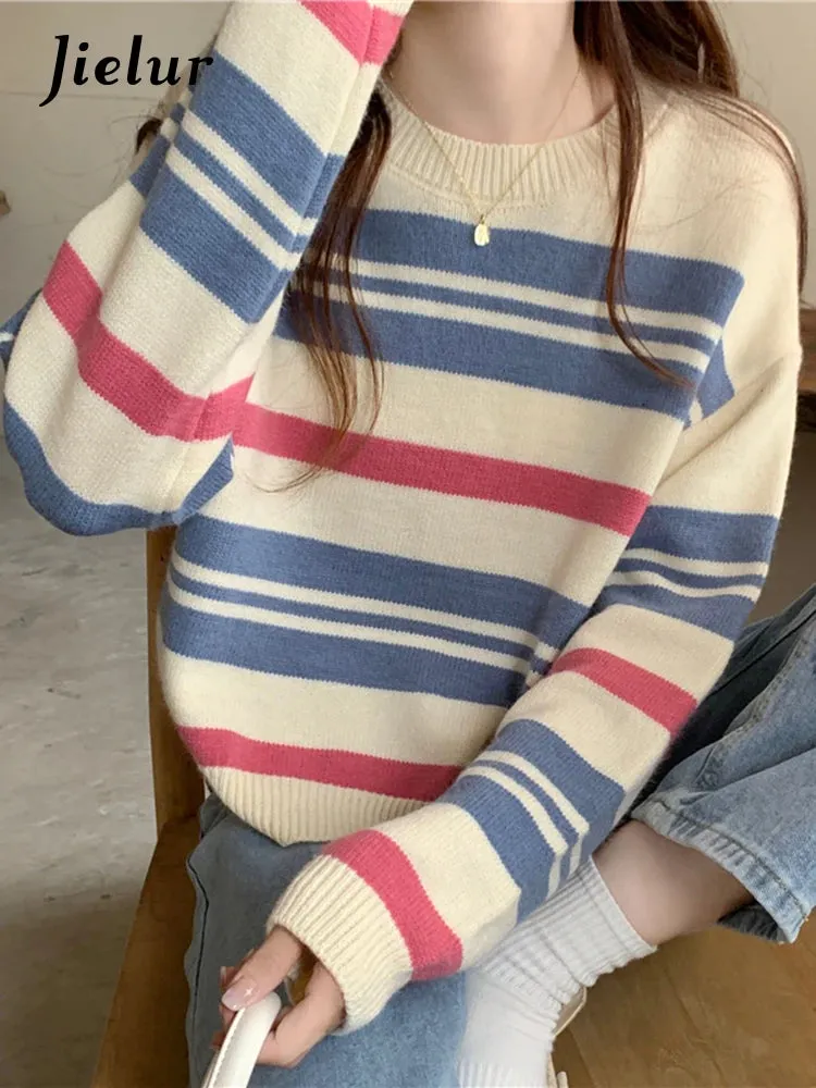 Spell Color Stripe Knitted Sweater Women Korean New Autumn Winter Wool Soft O-Neck Gray Apricot Pullover Women's Sweaters